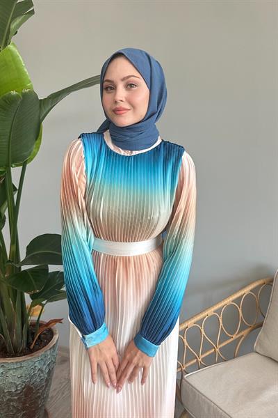 Geçişli Piliseli Turkuaz Saten Elbise