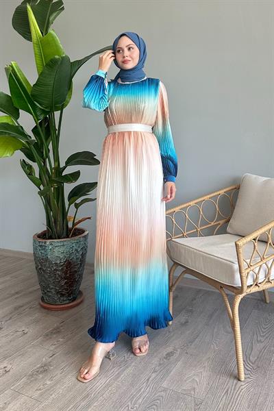 Geçişli Piliseli Turkuaz Saten Elbise
