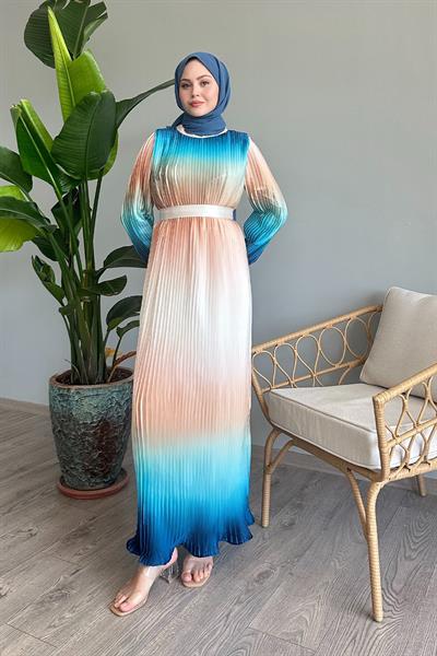 Geçişli Piliseli Turkuaz Saten Elbise