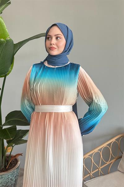 Geçişli Piliseli Turkuaz Saten Elbise