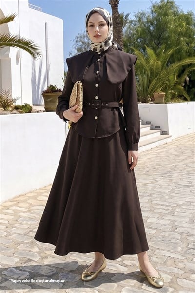 Geniş Bebe Yaka Etekli Acı Kahve Takım