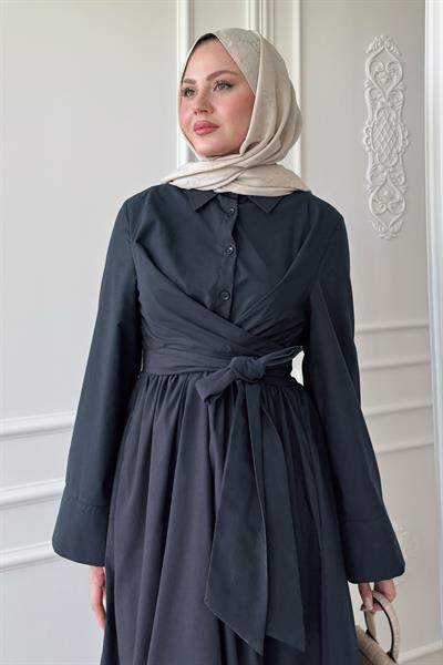 Geniş Kol Bağlama Detay Poplin Antrasit Elbise