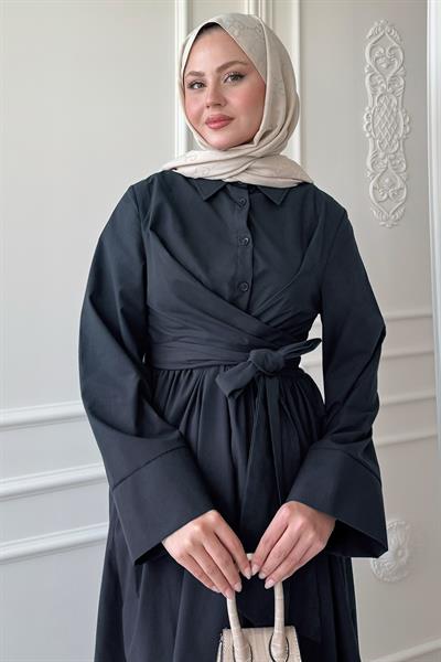 Geniş Kol Bağlama Detay Poplin Antrasit Elbise
