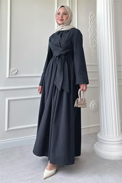 Geniş Kol Bağlama Detay Poplin Antrasit Elbise