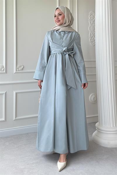 Geniş Kol Bağlama Detay Poplin Bebe Mavisi Elbise