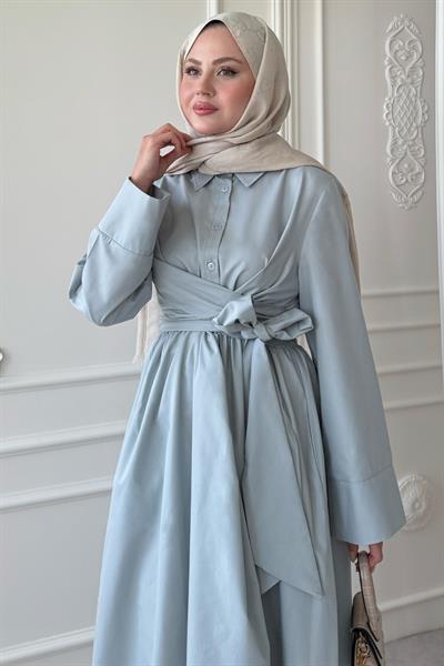 Geniş Kol Bağlama Detay Poplin Bebe Mavisi Elbise