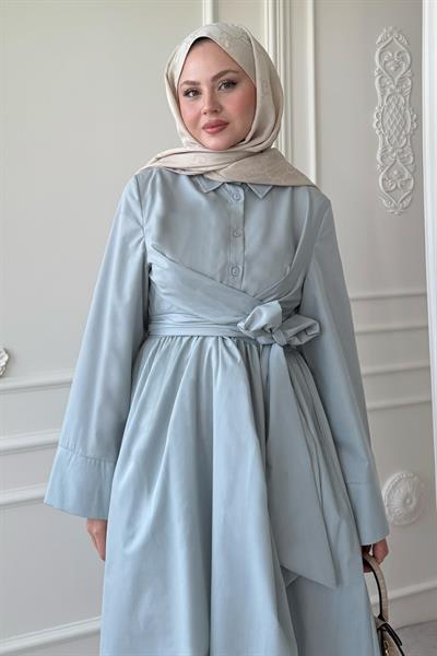 Geniş Kol Bağlama Detay Poplin Bebe Mavisi Elbise
