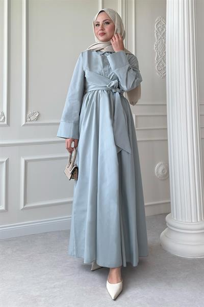 Geniş Kol Bağlama Detay Poplin Bebe Mavisi Elbise