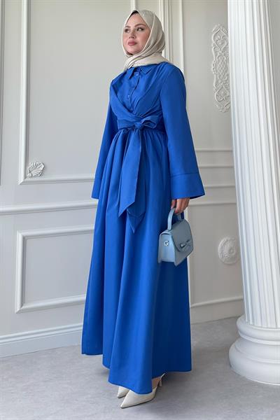Geniş Kol Bağlama Detay Poplin Saks Mavisi Elbise