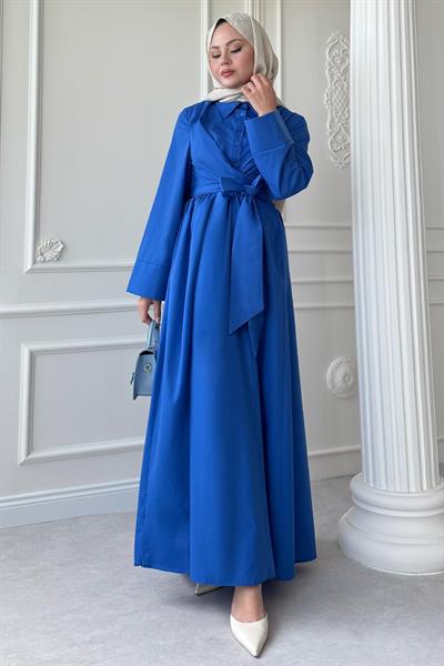 Geniş Kol Bağlama Detay Poplin Saks Mavisi Elbise