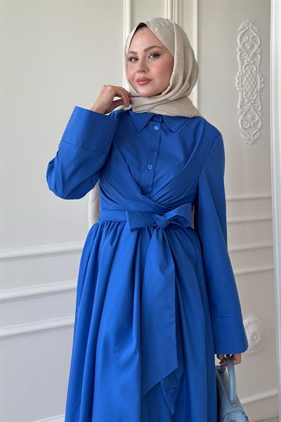 Geniş Kol Bağlama Detay Poplin Saks Mavisi Elbise