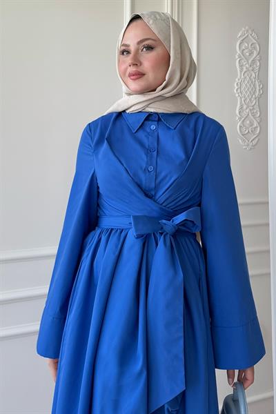 Geniş Kol Bağlama Detay Poplin Saks Mavisi Elbise