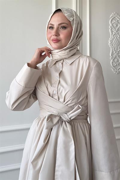 Geniş Kol Bağlama Detay Poplin Taş Elbise