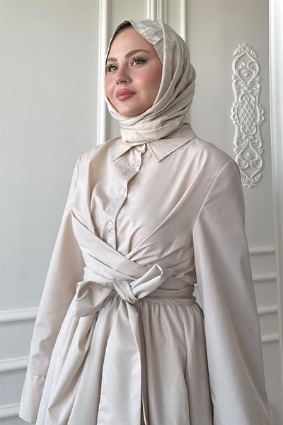 Geniş Kol Bağlama Detay Poplin Taş Elbise