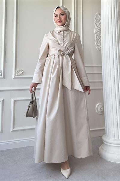 Geniş Kol Bağlama Detay Poplin Taş Elbise