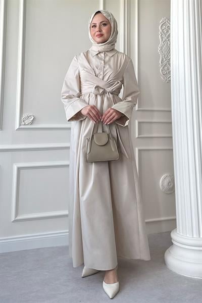 Geniş Kol Bağlama Detay Poplin Taş Elbise