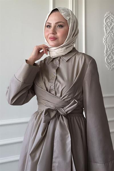 Geniş Kol Bağlama Detay Poplin Vizon Elbise