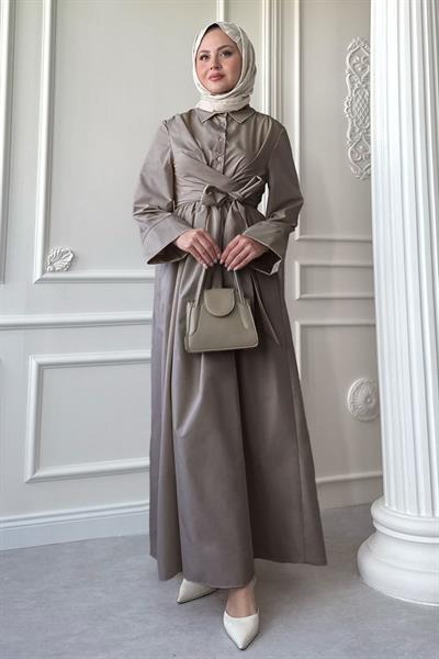 Geniş Kol Bağlama Detay Poplin Vizon Elbise