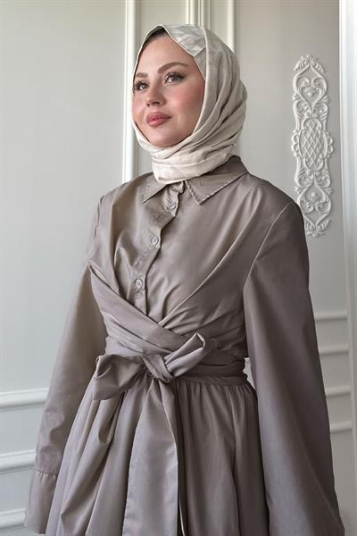 Geniş Kol Bağlama Detay Poplin Vizon Elbise