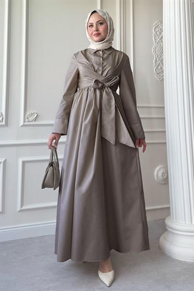 Geniş Kol Bağlama Detay Poplin Vizon Elbise