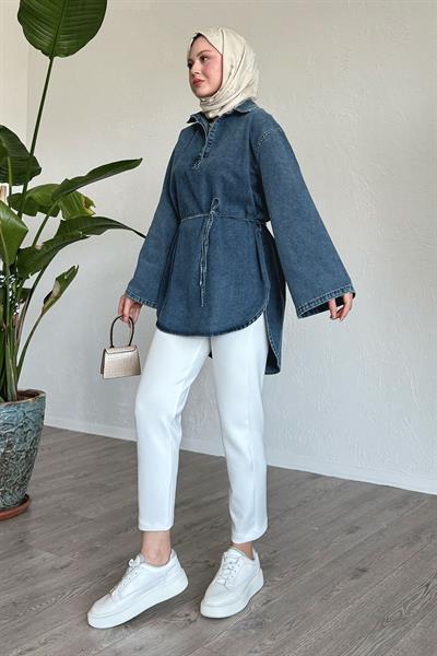 Geniş Kol İpli Açık Mavi Kot Tunik