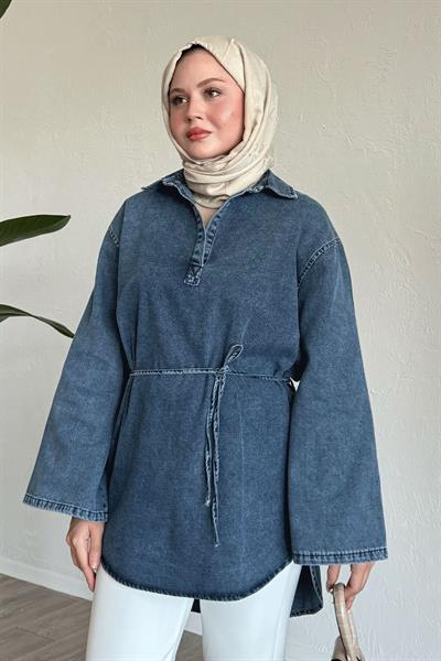 Geniş Kol İpli Açık Mavi Kot Tunik