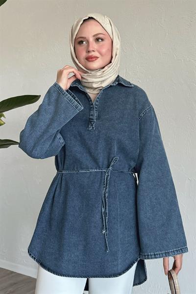Geniş Kol İpli Açık Mavi Kot Tunik