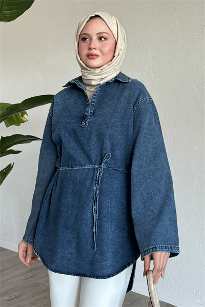 Geniş Kol İpli Mavi Kot Tunik