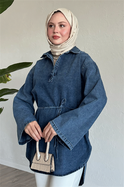 Geniş Kol İpli Mavi Kot Tunik