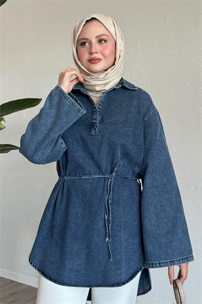 Geniş Kol İpli Mavi Kot Tunik