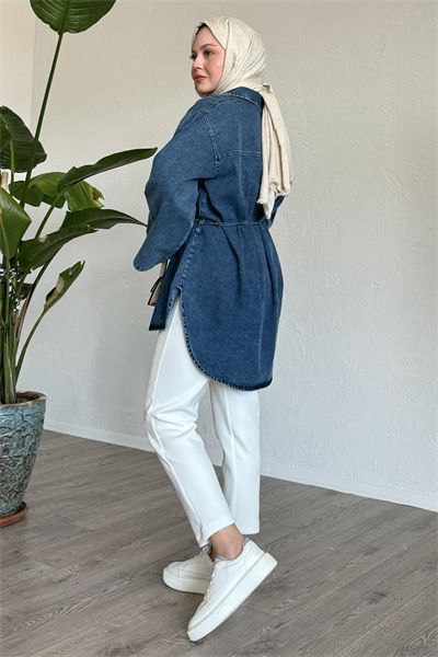 Geniş Kol İpli Mavi Kot Tunik