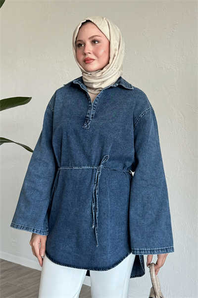 Geniş Kol İpli Mavi Kot Tunik