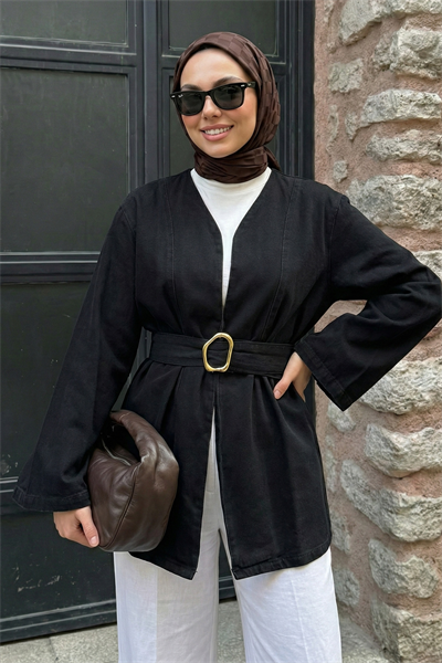 Geniş Kol Kuşaklı Siyah Kot Ceket