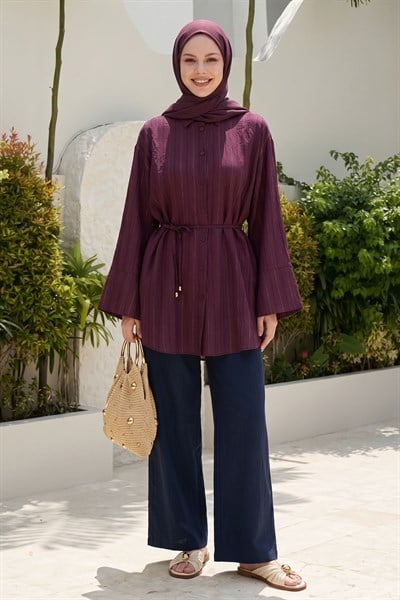 Geniş Kol Simli Kuşaklı Bordo Gömlek