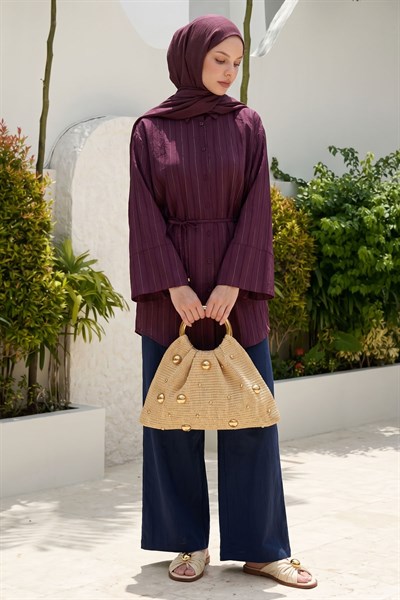 Geniş Kol Simli Kuşaklı Bordo Gömlek