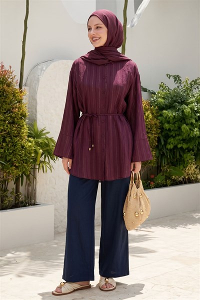 Geniş Kol Simli Kuşaklı Bordo Gömlek