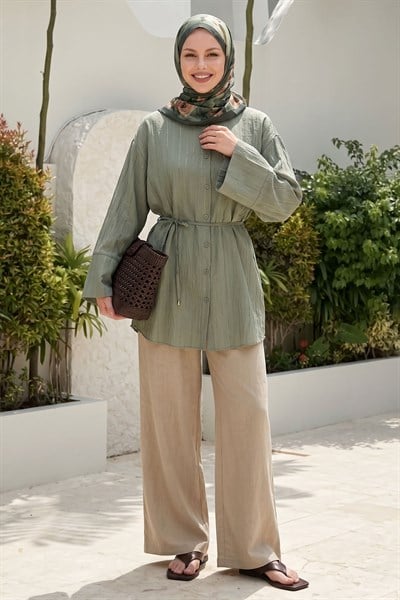 Geniş Kol Simli Kuşaklı Haki Gömlek