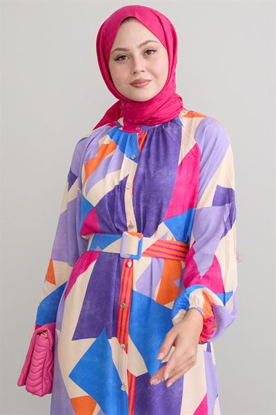 Geometrik Desen Kemerli Fuşya Viskon Elbise