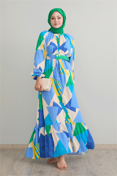 Geometrik Desen Kemerli Mavi Viskon Elbise