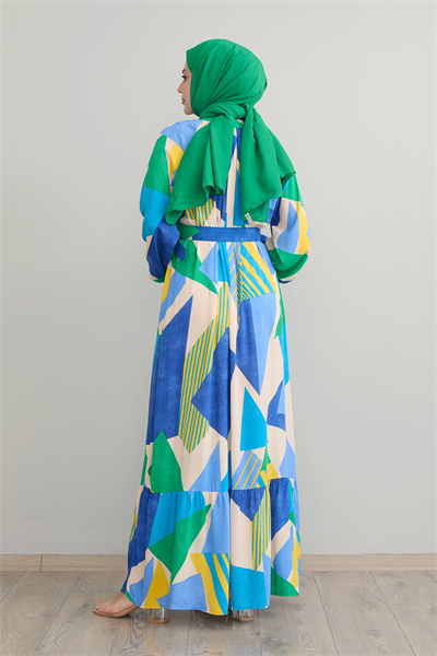 Geometrik Desen Kemerli Mavi Viskon Elbise