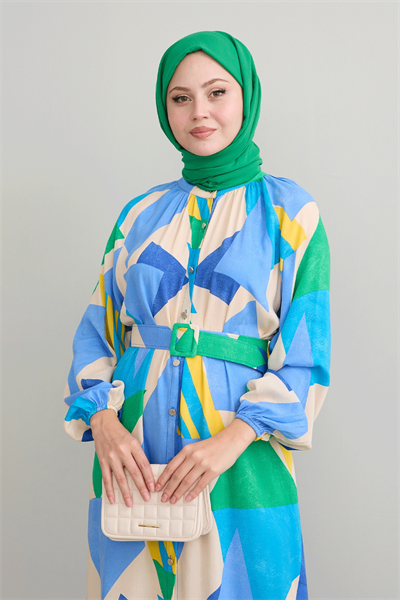 Geometrik Desen Kemerli Mavi Viskon Elbise