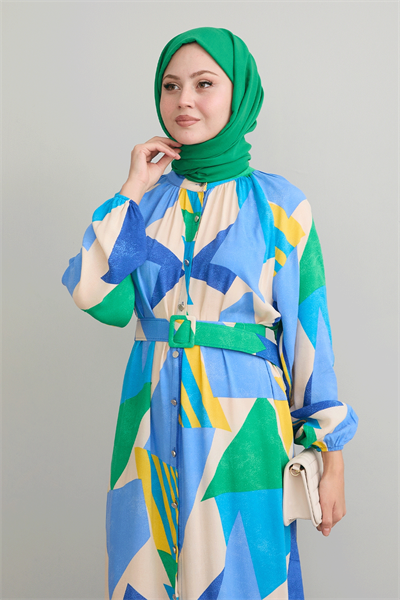 Geometrik Desen Kemerli Mavi Viskon Elbise