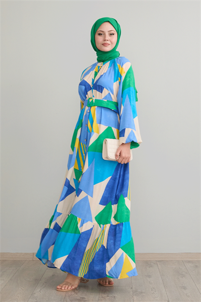 Geometrik Desen Kemerli Mavi Viskon Elbise