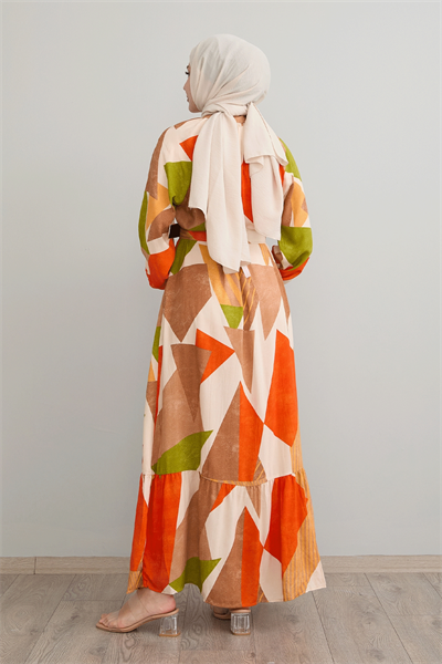 Geometric Pattern Belted Orange Viscose Dress