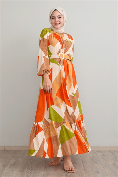 Geometric Pattern Belted Orange Viscose Dress