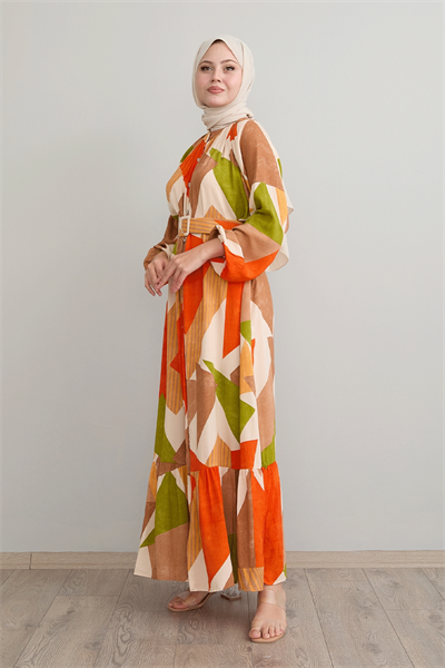 Geometric Pattern Belted Orange Viscose Dress