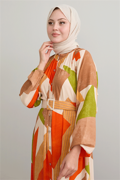 Geometric Pattern Belted Orange Viscose Dress