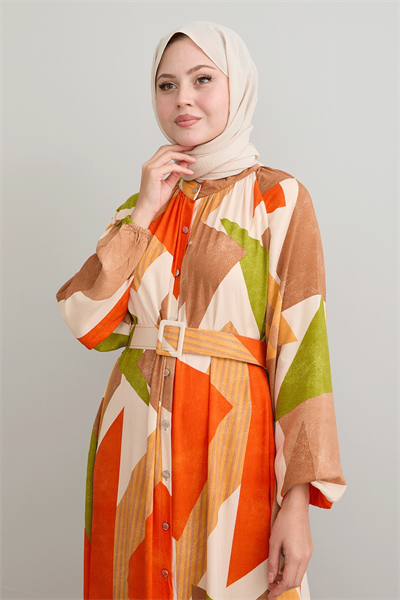 Geometric Pattern Belted Orange Viscose Dress