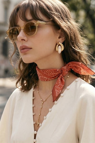 Geometrik Desenli Koyu Turuncu Bandana Fular 50x50