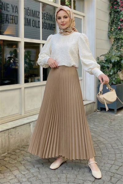 Gizli Lastikli Piliseli Bej Etek